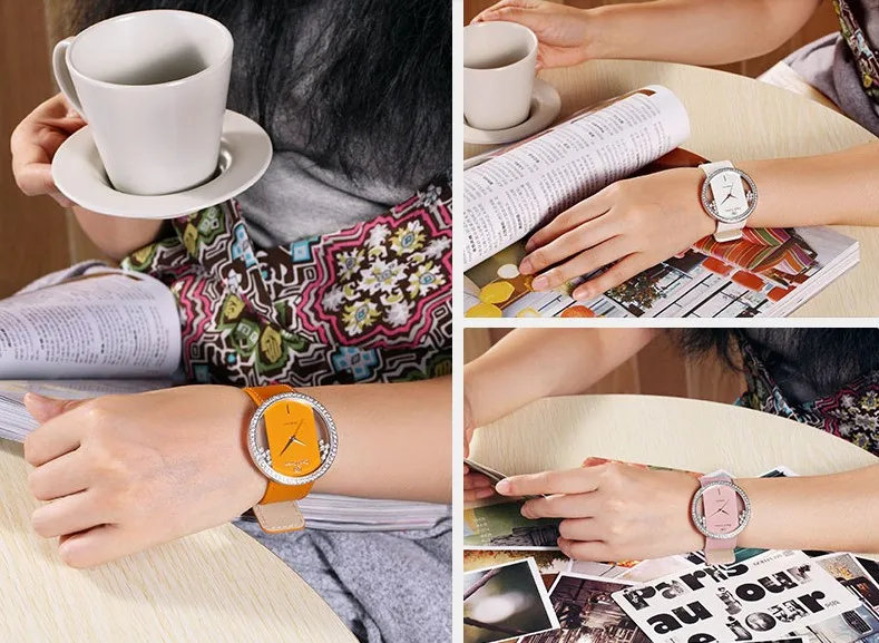 Роскошные Стразы ясно Для женщин часы Японии кварцевых часов тонкой моды кожаный браслет для девочек подарок на день рождения