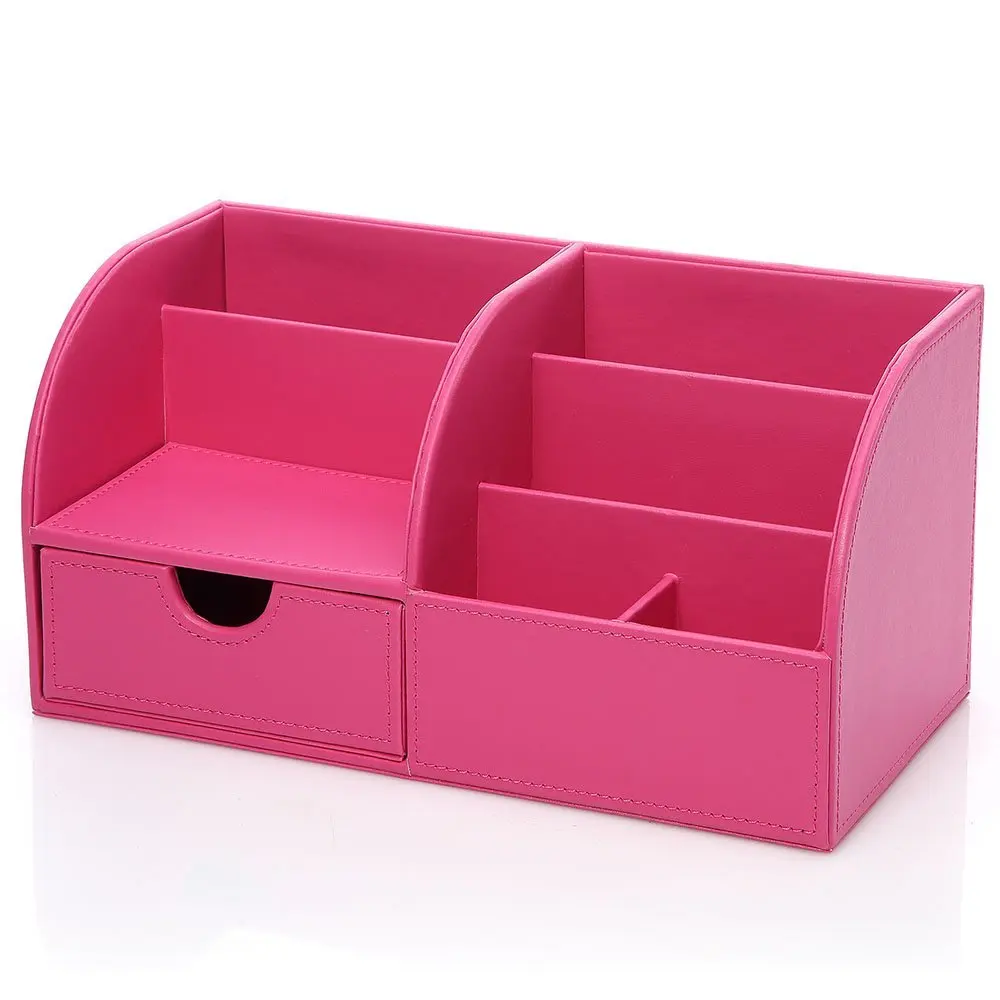 Многофункциональная офисная кружка Настольный футляр из кожи 6 контейнер с отделениями для хранения коллекции с ящиком - Цвет: Pink