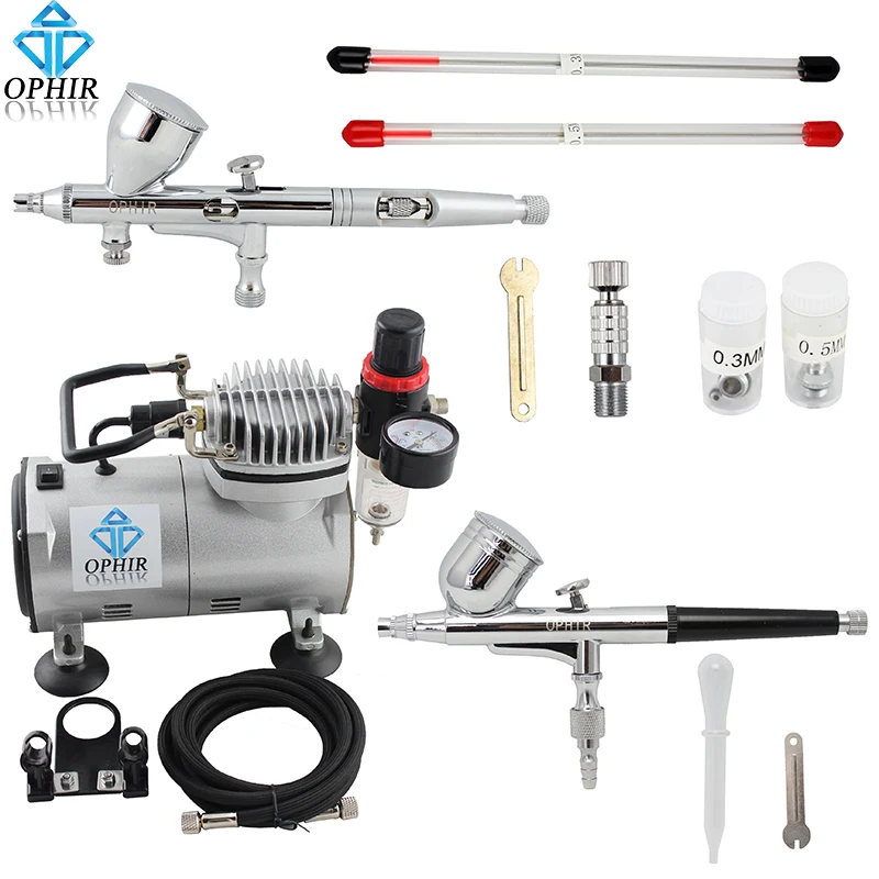 

OPHIR 2 PCS Dual Action Airbrush Kit (4 Size Nozzles)Gravity Paint Gun+Filter Compressor Set for Temporary Tattoo#AC089+004+070