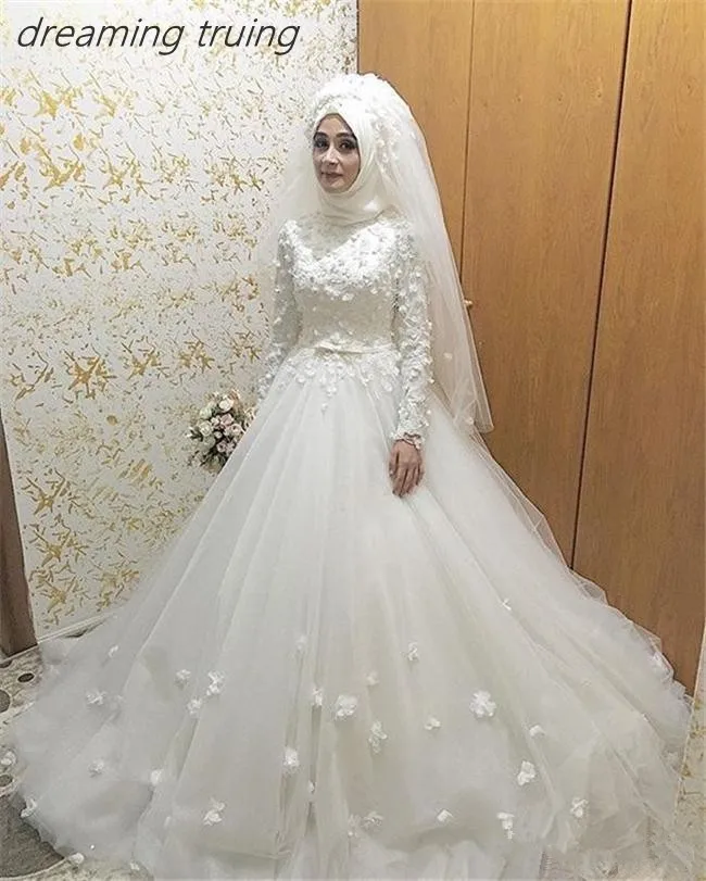 

Robe De Mariee Princesse Muslim Wedding Dresses With Hijab 3D Flowers Long Sleeve Bridal Gown Saudi Arabian Wedding Dress