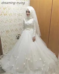 Халат де mariée Princesse мусульманское свадебное платье с хиджаб 3D цветы длинным рукавом свадебное платье Саудовской Аравии