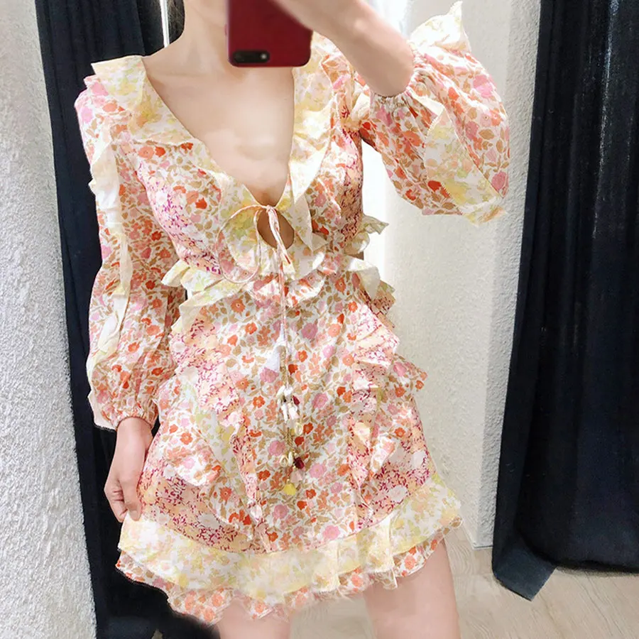 2019 New Arrival Women Dress Flower Printed Sexy V-neck Ruffled Dress Women Long Sleeve Holiday and Vocation Sexy Dress