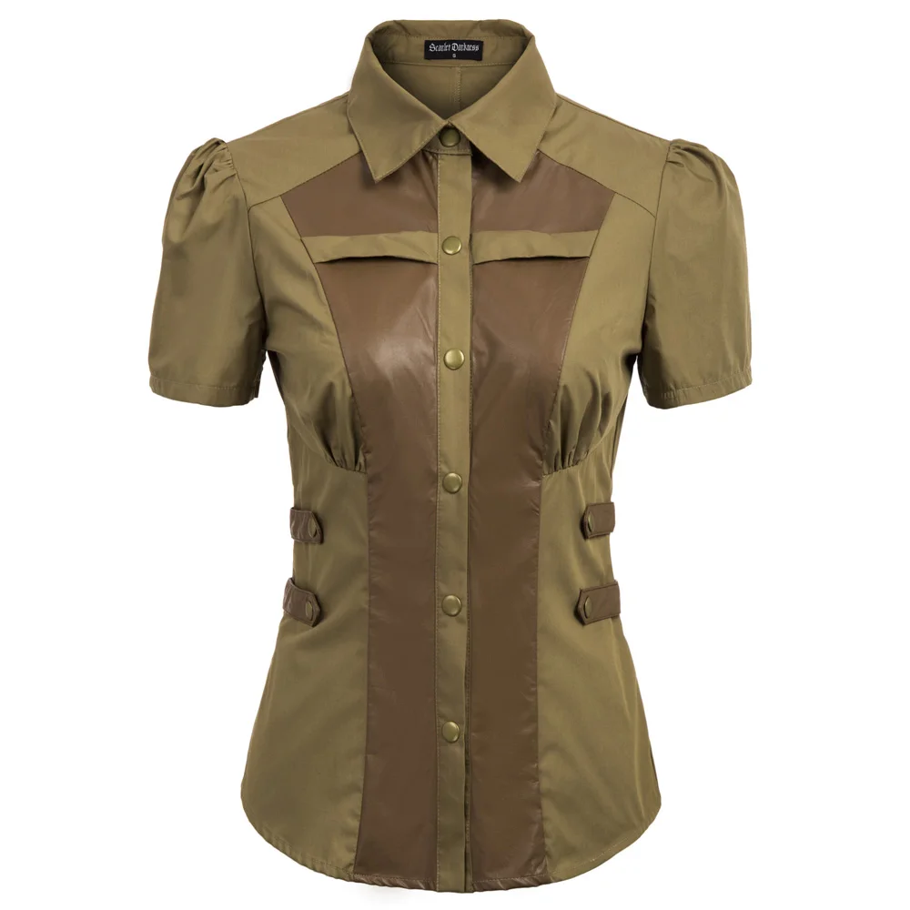 

Women's Gothic blouse vintage shirt summer tops Renaissance Steampunk Short Sleeve Square Collar Pleated shoulders Shirt ladies
