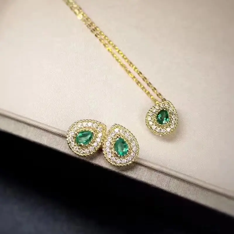 

Fidelity Natural 3*5mm emerald s925 sterling silver water drop fine jewelry sets for women wedding natural green gemstone