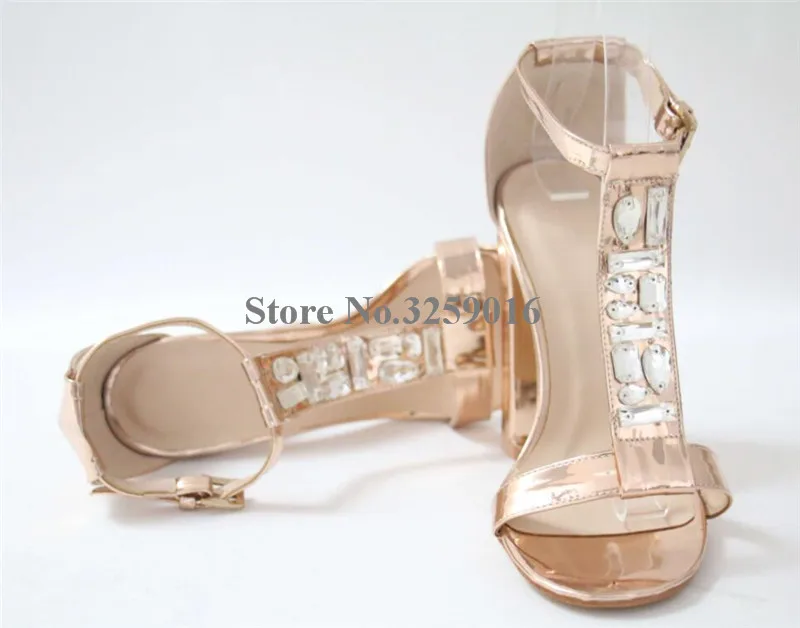 

Ladies New Fashion Open Toe Gold Rhinestone Chunky Heel T-Strap Sandals Ankle Strap Crystal Thick Heel Sandals Wedding Shoes