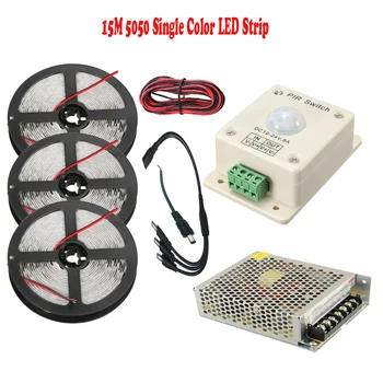 

15M 10M 5050 LED Strip Waterproof IP20 Warm White Blue Security Light PIR Motion Sensor DC12V On/ Off Switch Power Supply