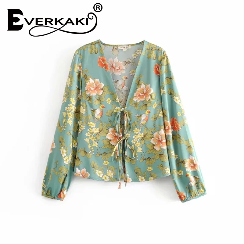 

Everkaki Vintage Chic fashion women green floral print long sleeve deep v-neck Blouse shirt ladies lace-up blouse shirts tops