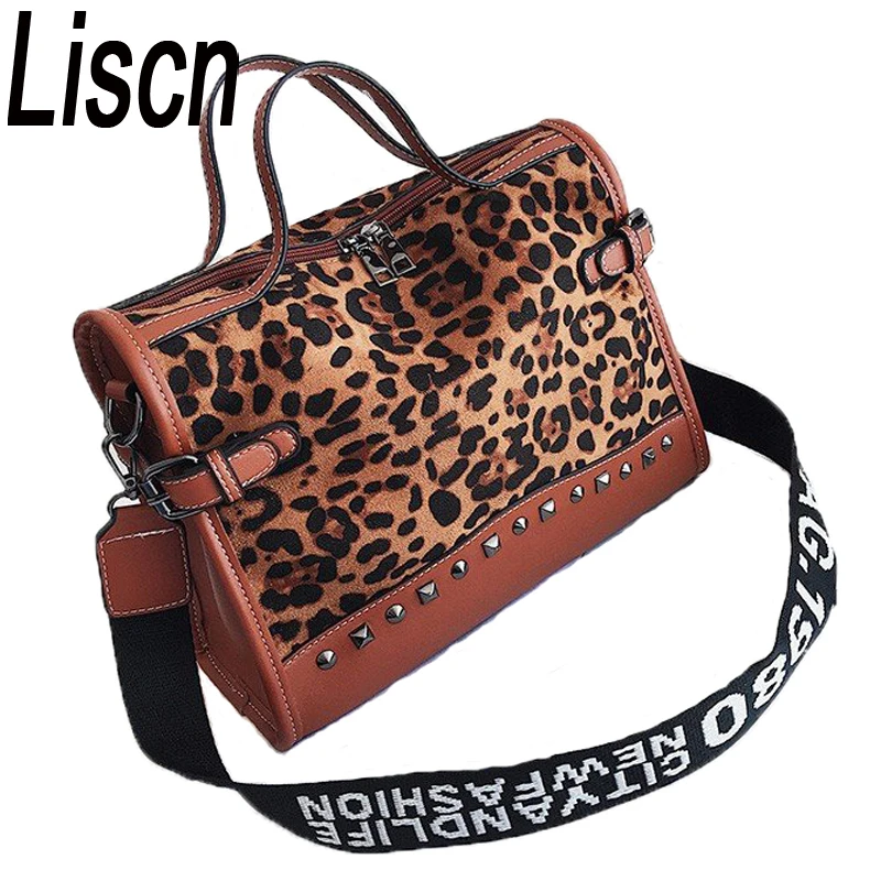 

Leopard totes Rivet Fashion handbags Women Scrub shoulder bag 2018 two Shoulder strap crossbody bag zipper High capacity handbag