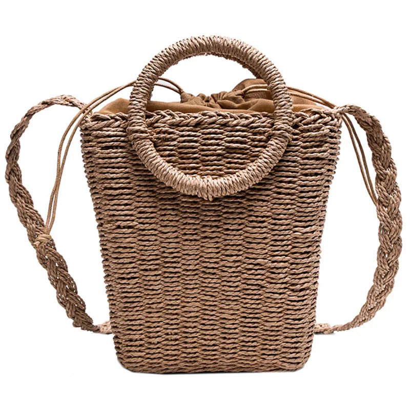 

Knitted Straw Bucket Bag Bohemia Fashion Circle Rattan Women Handmade Designer Beach Handbags Shoulder Bags Crossbody