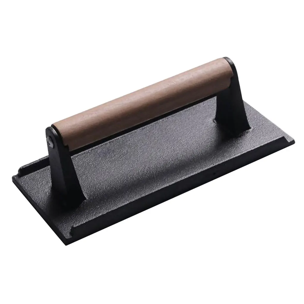 Rectangular Cast Iron Grill Press Cast Iron Grill Press with Insulated Wooden Handle, Kitchen Grill Accessories, Black