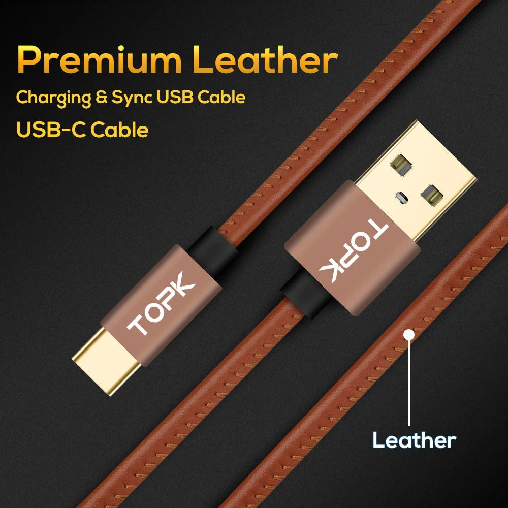 TOPK Премиум Кожаный Плетеный usb type C кабель для синхронизации данных USB зарядный