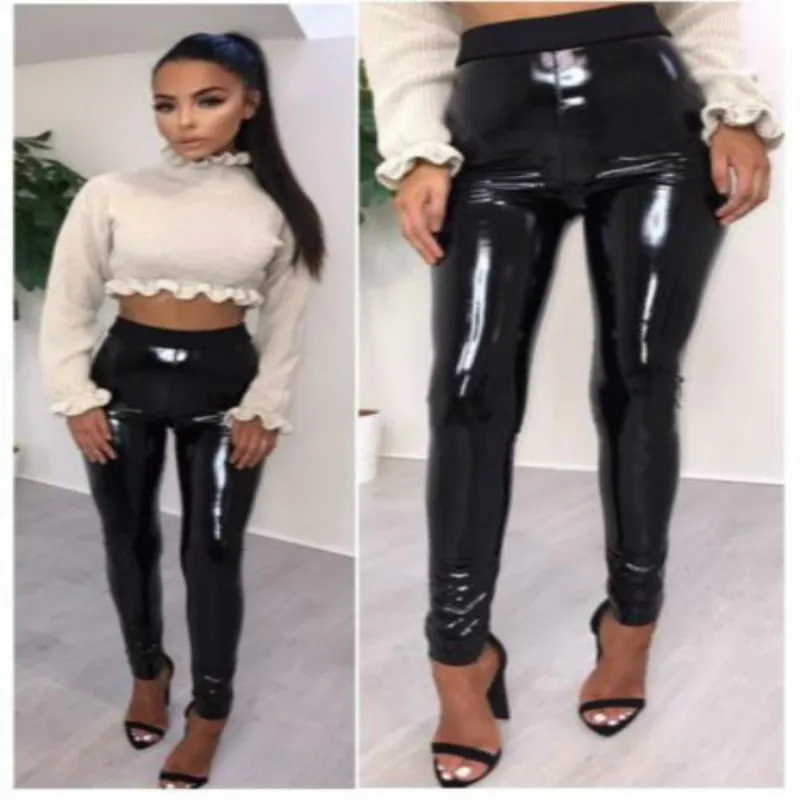 Fashion Women Vinyl PVC Wet Look Shiny Disco Elasticated High Waist ...