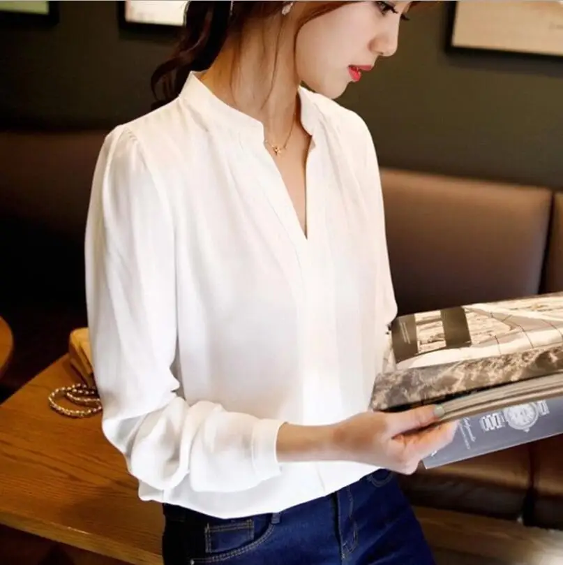 

2017 Latest fashion Casual White Pure Women Ladies Solid Elegant V-neck shirt Long Sleeve OL Office Shirt Classic Style