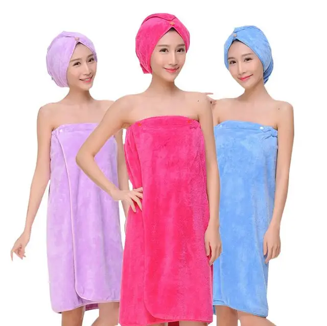 2Pcs/lot Bathrobes Women Bathing Wearable Bath Towel+Dry Hair Cap Coral