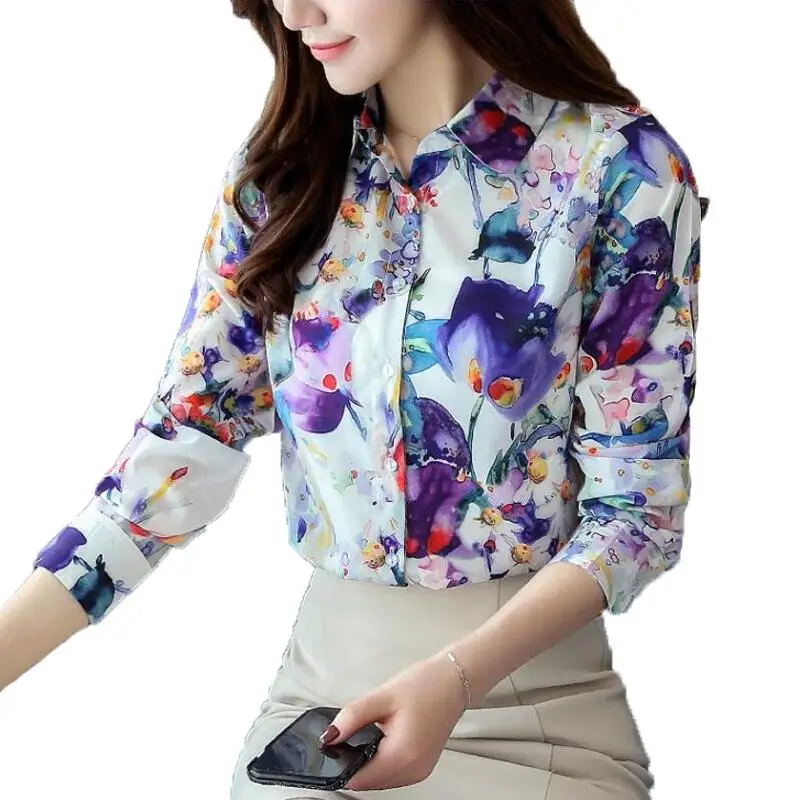 Women Blouses Turn Down Collar Floral Print Fashion Blouse Long Sleeve Shirt Women Camisas Femininas Womens Tops and Blouses
