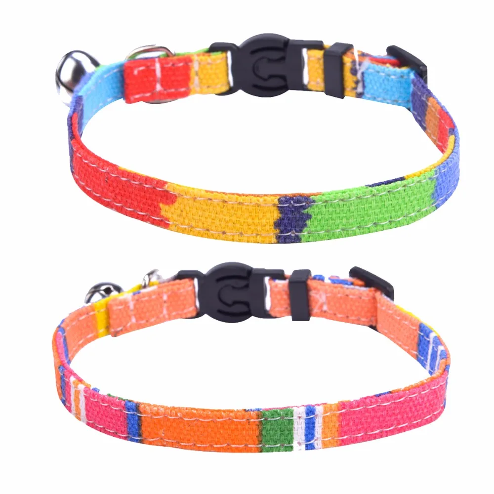 

2pcs/ bag Adjustable Breakaway Colorful Canvas Fabric Cat Collar Safety Belt Kitten Puppy Pet Collars with Bell