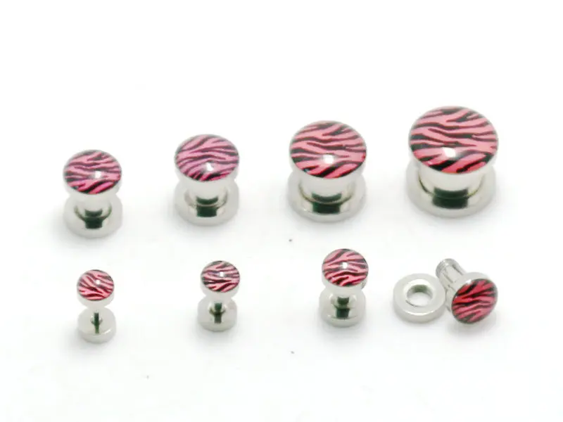 pink zebra print ear gauges plug body piercing jewelry surgical steel