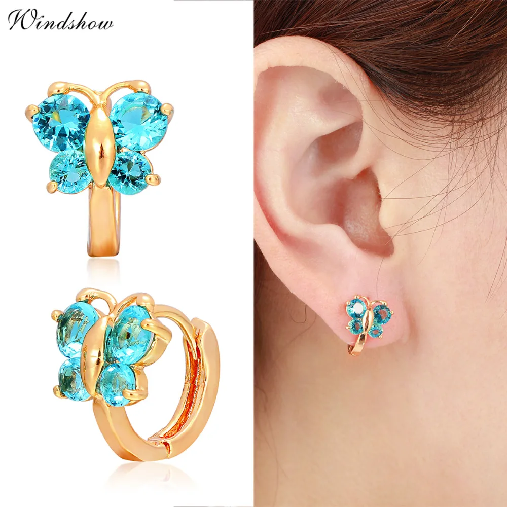 

Mini Cute Butterfly Ocean Blue Crystals Gold Color Small Loop Huggies Hoop Earrings For Girls Kids Child Anti-Allergic Jewelry