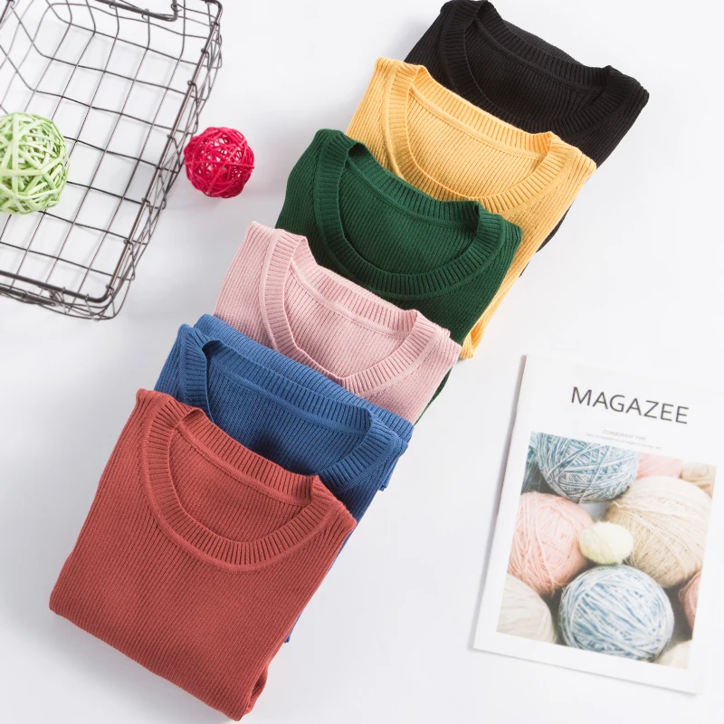 

Pullover sweater female Korean version round neck slim fit inside knit bottoming Sweater women high elasticity long sleeve