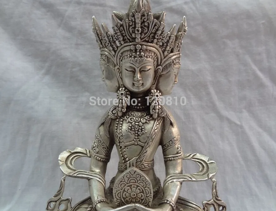 

9" China Silver 4 Face Namgyalma Ushnishavijaya Set Tibet Amitayus Buddha Statue