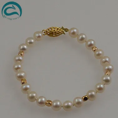 

Unique Pearls jewellery Store Girl Baby Bracelet White Color AA 6-6.5MM Freshwater Pearl Bracelet 4MM Gold Plated Beads Jewelry