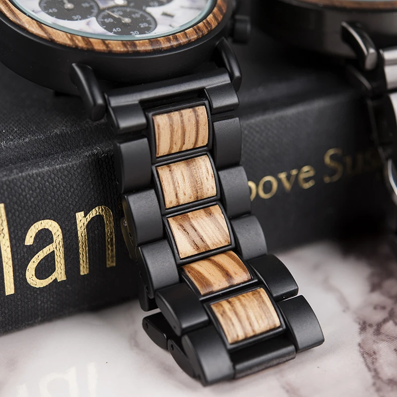 BOBO BIRD Top Luxury Brand Men Wood Watch Male Military Quartz Wristwatch With Wood Stainless Steel Band relogio masculino V-P09