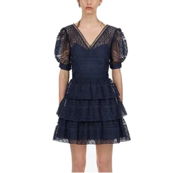 

HAMALIEL Self-Portrait Cake Women Mini Dress 2019 Spring Embroidery Lace Layers Ruffles Dress Sexy Backless Lantern Sleeve Dress