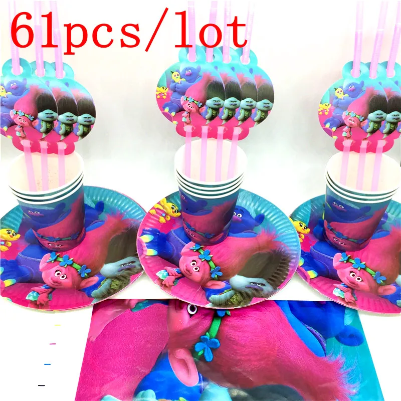 

61PCS Trolls Theme Cartoon Party Supplies Kids birthday Decoration Straw Tablecloth Plates Cups Trolls Theme Party Supplies