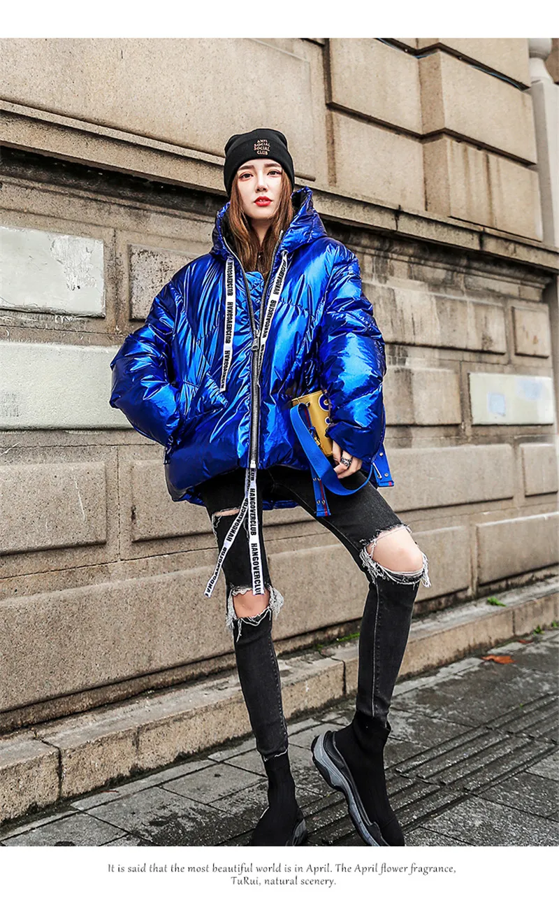 Женские парки зимняя Корейская свободная Короткая Толстая хлопковая куртка модное свободное повседневное хлопковое пальто с капюшоном синее металлическое пальто