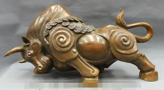

S03897 18" Chinese Bronze Copper Marked Folk Year Zodiac Wealth Coin Bull Ox Statue B0403