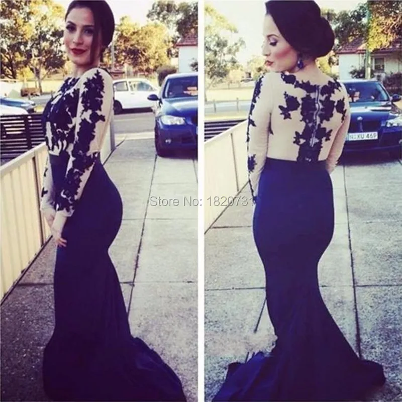 2019 Navy Blue Mermaid Evening Dress Long Sleeves Chiffon Evening Gown With Appliques Floor Length Prom Dress