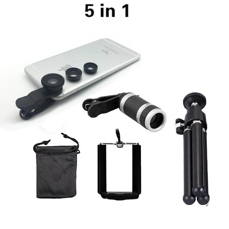 5in1 Camera Lens Tripod Aluminum Tripod Stand 8X Zoom Phone Telescope