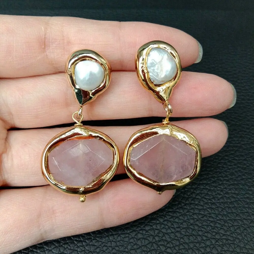 

Natural Rose Crystal Cultured White Pearl Golden Plated Earrings