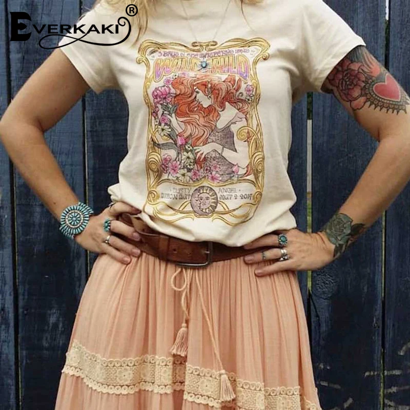 Everkaki Boho Gypsy Girl/футболка с принтом; топы из хлопка для диких детей; абрикосовый топ с круглым вырезом в богемном стиле; женские футболки; Новинка года; сезон весна-лето