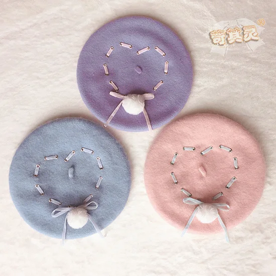 

Adomoe New spring winter pink sweet cute girl hats Soft macaron heart ribbon wool woolen ball painter cap beret hats for women