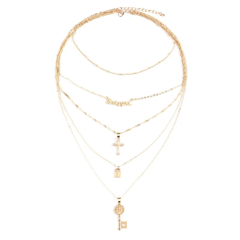 Богемные Многослойные брелоки крест английская буква подвеска, золотая цепочка Набор Женская индивидуальность цепь ожерелье длинное ожерелье