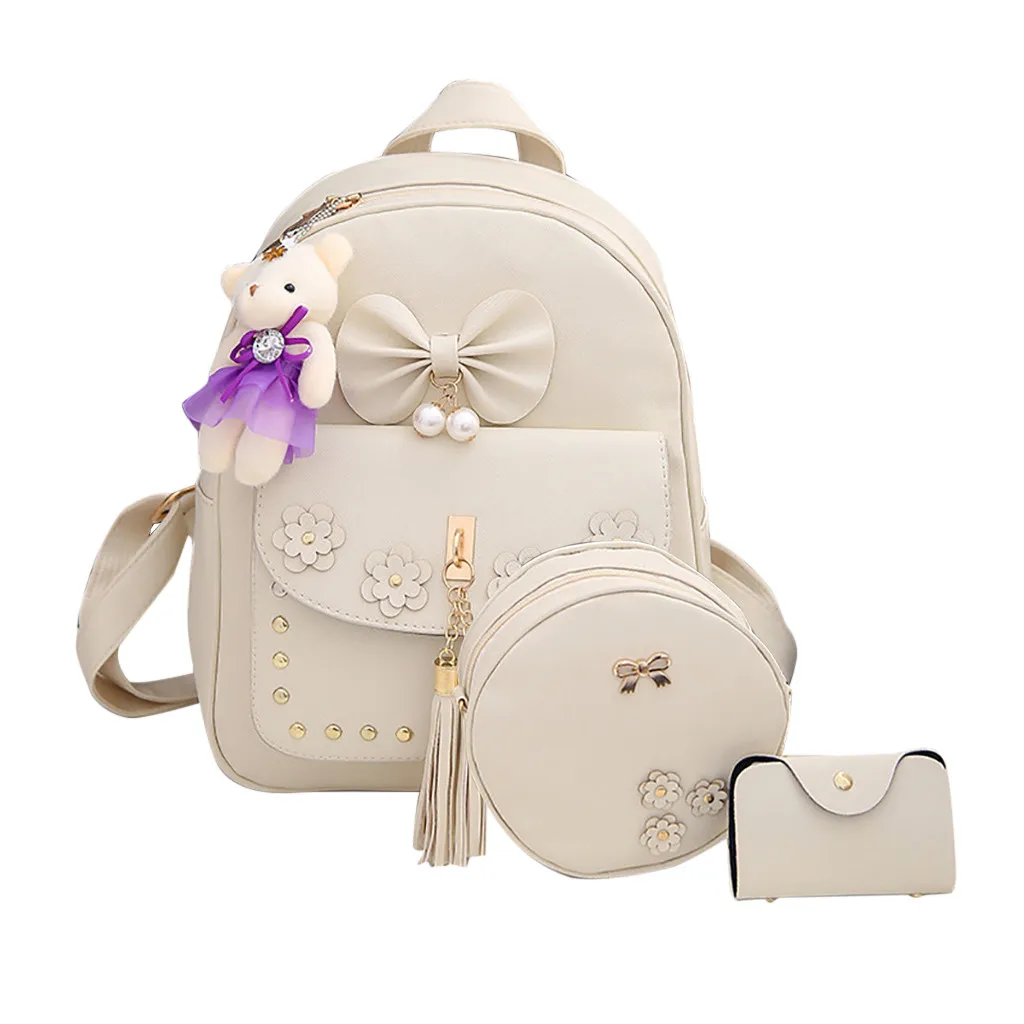 

Women Backpack 3-Piece Set Leather Female Backpacks Tassels Bow Bear Student Shoulder Backpacks Outdoor Travel Bags Backpack
