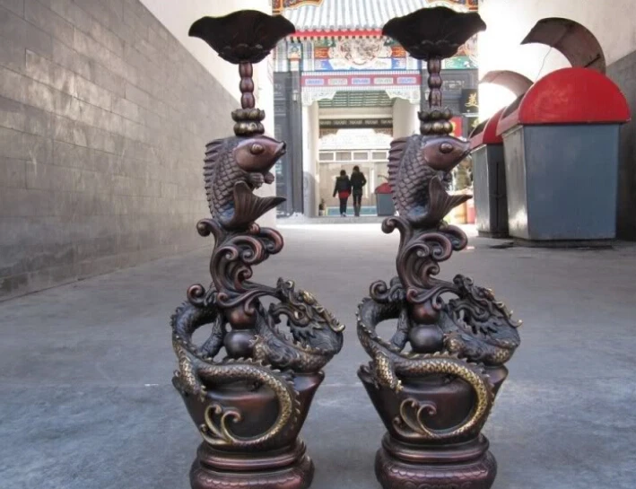 

free 15"Chinese Pure Red Bronze Dragon Fish candlestick Pair fast