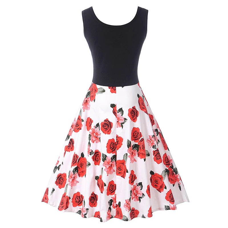 Kostlish Tank Summer Dress Women Sleeveless Patchwork Print Vintage Dress 2017 Elegant Swing Rockabilly Party Dresses Sundress (6)