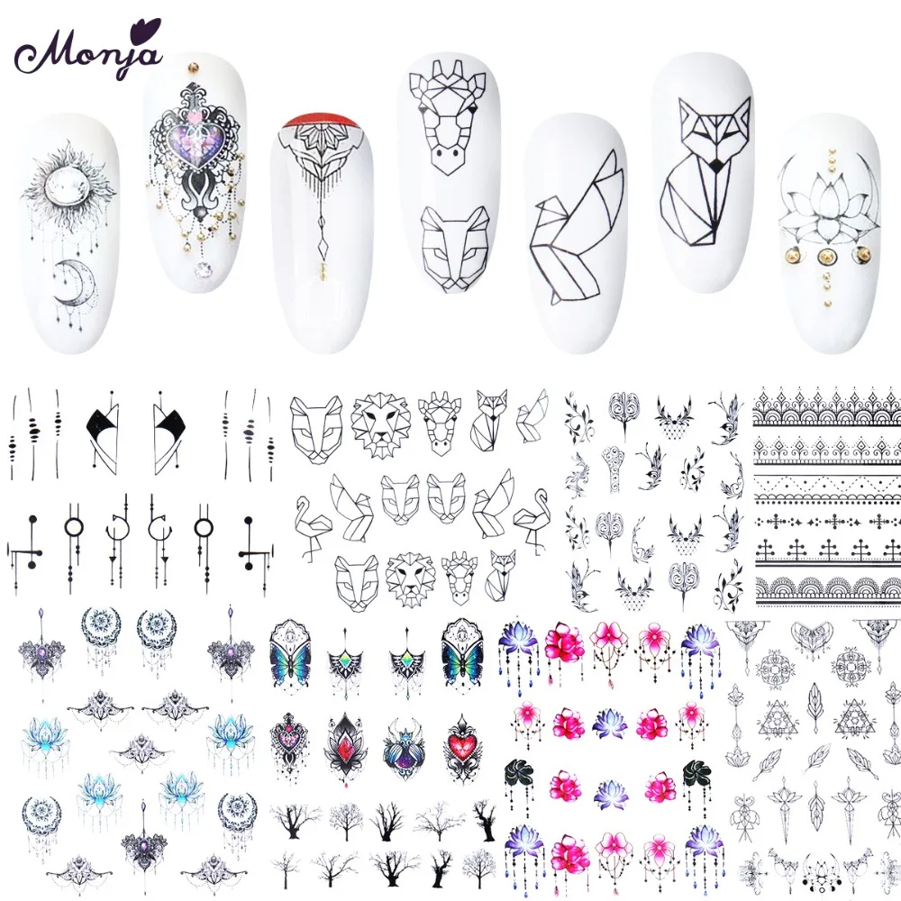 

Monja 24pcs Nail Art Black Dream Catcher Flower Imagemixed Style Water Transfer Stickers Watermark Decals Tips DIY Decorations
