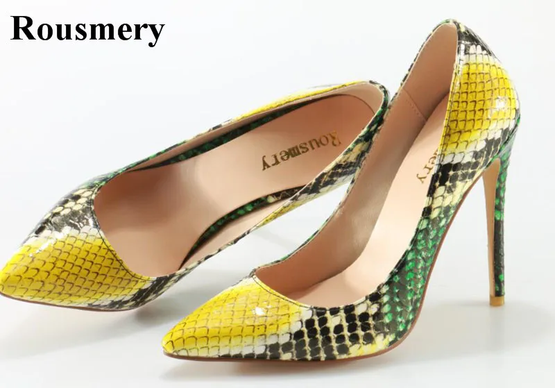 High Quality Women Fashion Shining Snake Leather Pointed Toe Pumps Patchwork Color High Heels Formal Dress Shoes