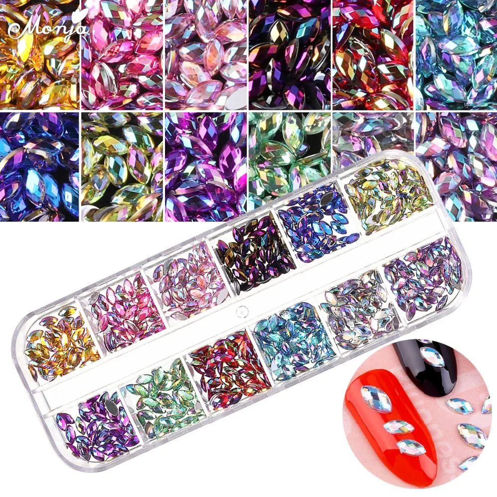 

Monja 12 Grids/Box Nail Art AB Flat Back Horse Eye Shaped Rhinestone 3D DIY Charms Non Hotfix Crystal Rectangle Box Decoration