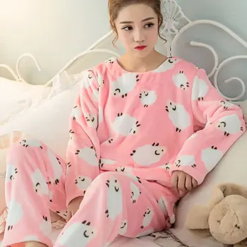 

JINUO pink color sheep pattern high quality thick keep warm flannel pajamas sets top and pants female winter nightwear pyjamas