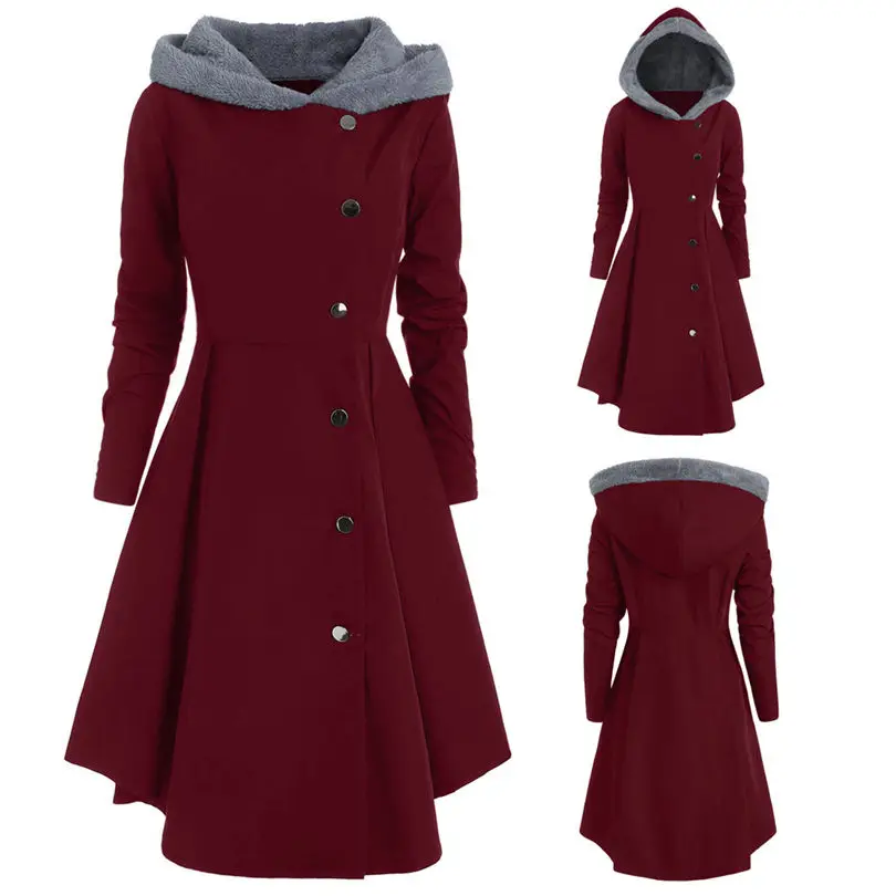 New Women fashion Plus Size Asymmetric Keep Warm Fleece Hooded Single Breasted Long Drap Buttons Coat #4F10 (25)