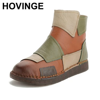 

HOVINGE 2018 New Spring Retro Soft Bottom Martin Boots Casual Leather Handmade Stitching Women shoes Round Toe Characteristic