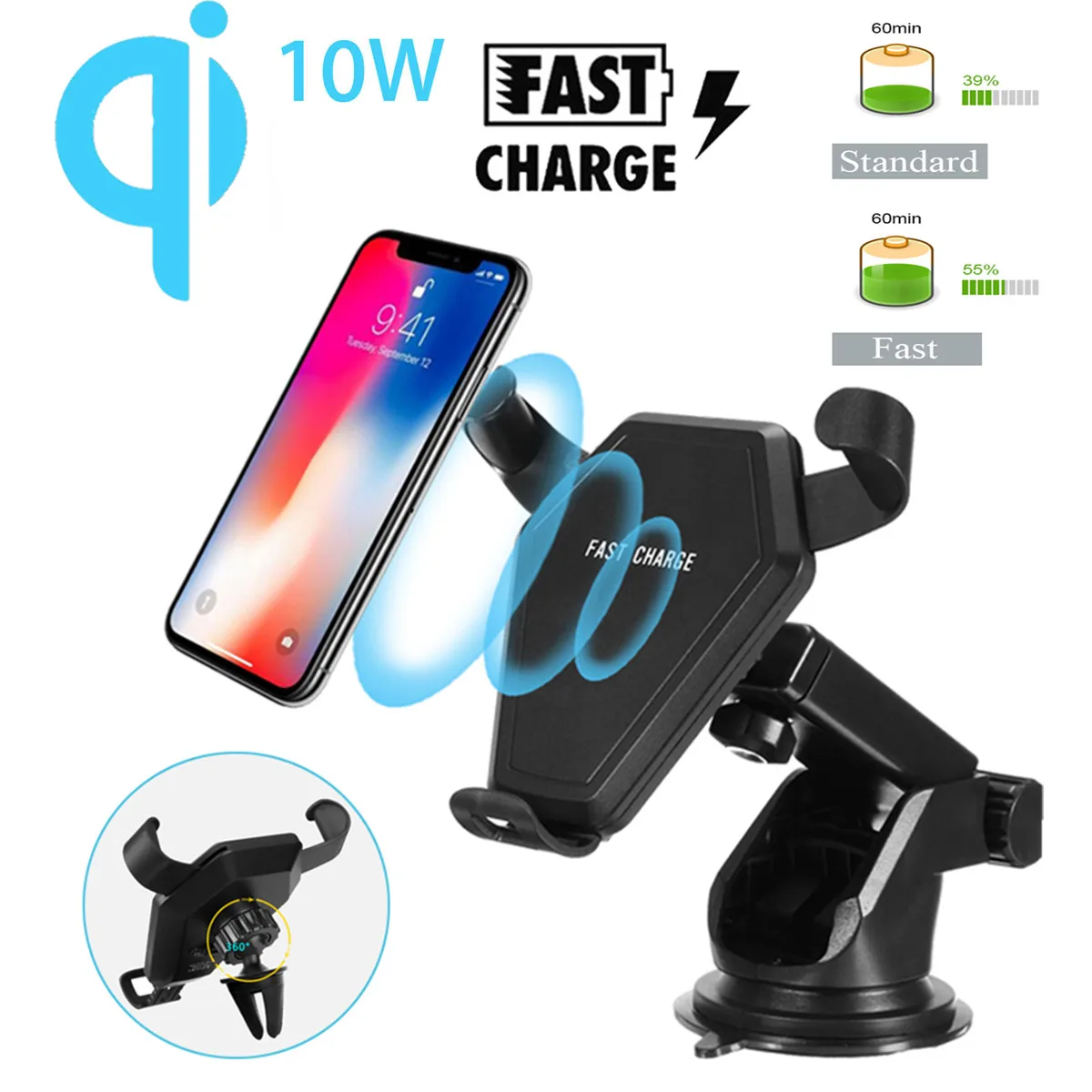 

10W Qi Wireless Charger Dock 360 Rotate Gravity Auto Lock Clip Fast Charging Charger Phone Holder for iPhone XR for Samsung S10e