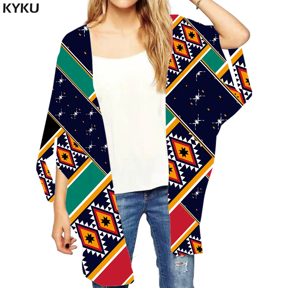 

KYKU Geometric Loose Kimono Women Stripes Print Cardigans Colorful Open Stitch Blouse Plaid Loose Clothes Harajuku Sexy