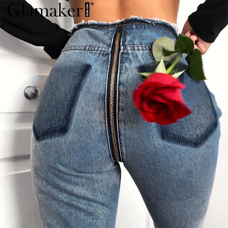 Glamaker, винтажные потертые джинсы на молнии, женские джинсы с высокой талией, для фитнеса, уличная одежда, джинсы, Плюс Размер, Весенняя Сексуальная женская нижняя часть