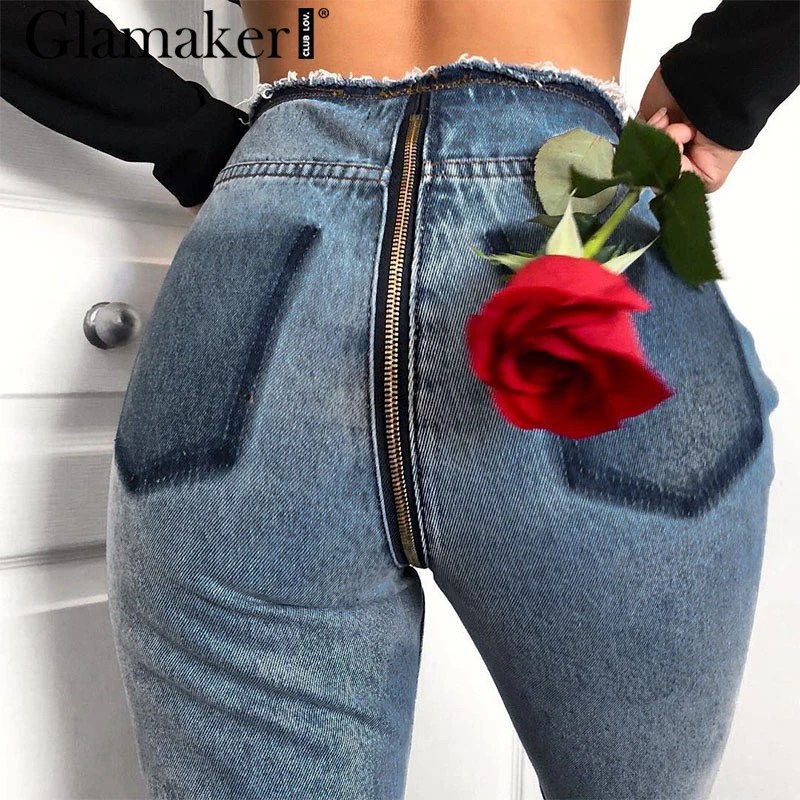 

Glamaker Vintage distressed zipper denim jeans Women high waist fitness streetwear jeans Plus size spring sexy female bottom