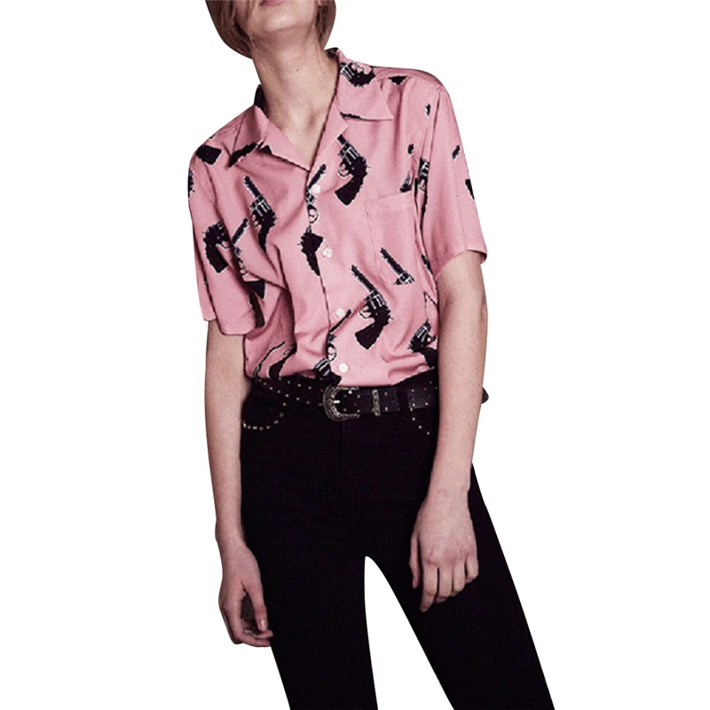 Acheter Lychee Harajuku Punk D été Femmes Blouse Pistolet Gun Imprimer Occasionnel Lâche Chemise À Manches Courtes Tops